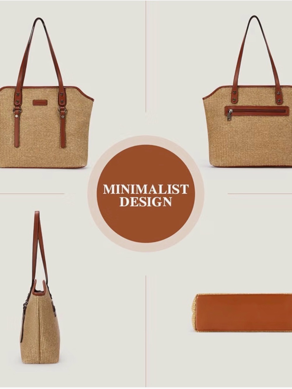 NWT Tote Bag, Large Capacity Straw & Vegan Leather Tote bag. - Picture 6 of 7